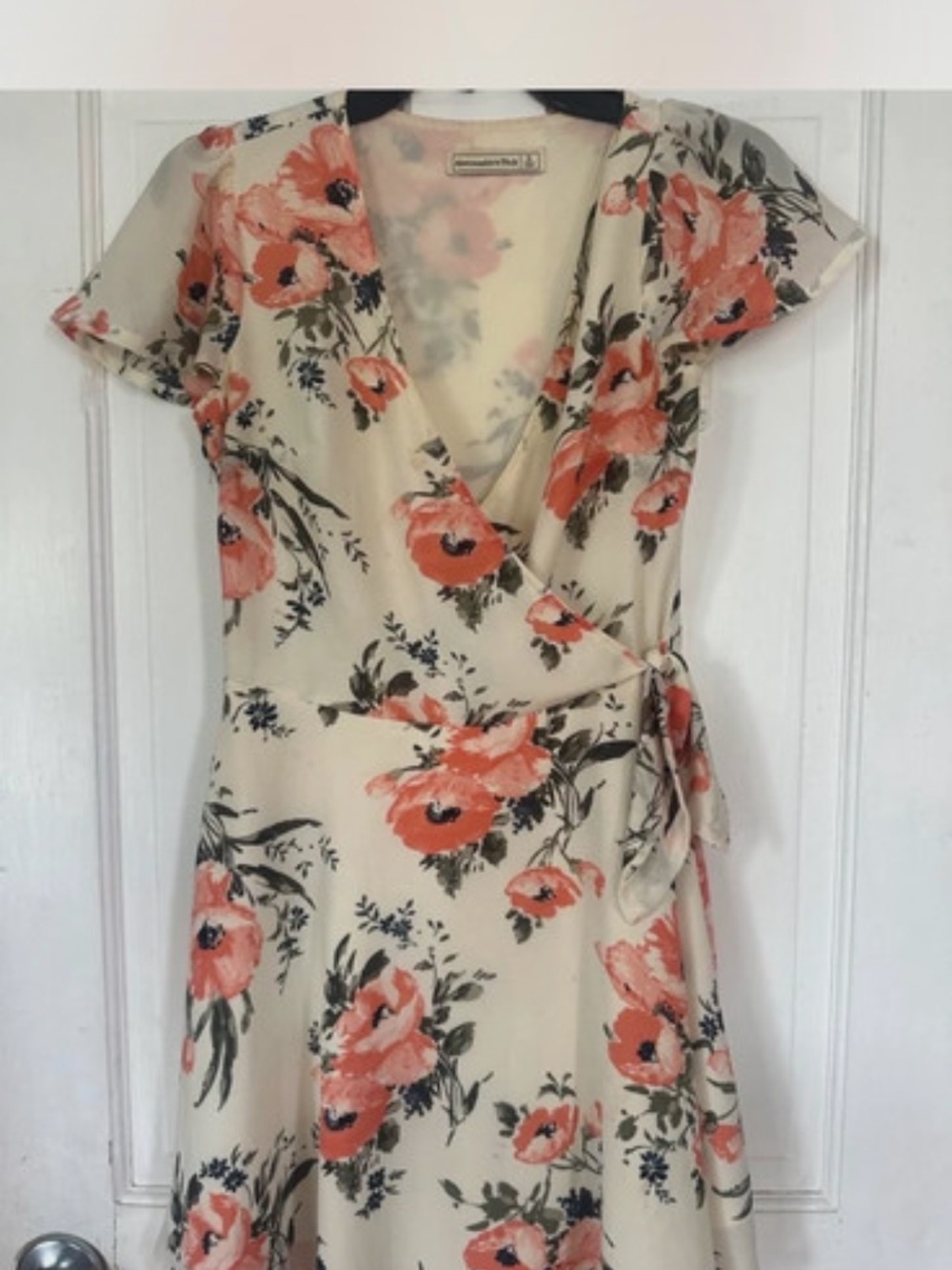 Tie-Waist Midi Wrap Dress in Cream with Coral Floral Print